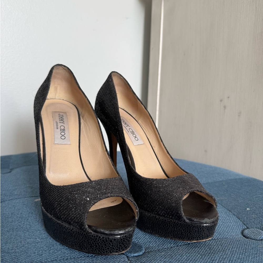 Jimmy Choo Glitter Black Peep Toe Heels